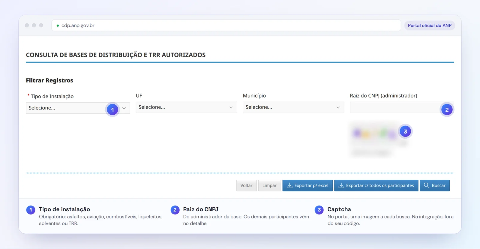 Tela da Consulta de Bases de Distribuição e TRR Autorizados da ANP com três marcações: tipo de instalação, raiz do CNPJ e captcha (borrado)