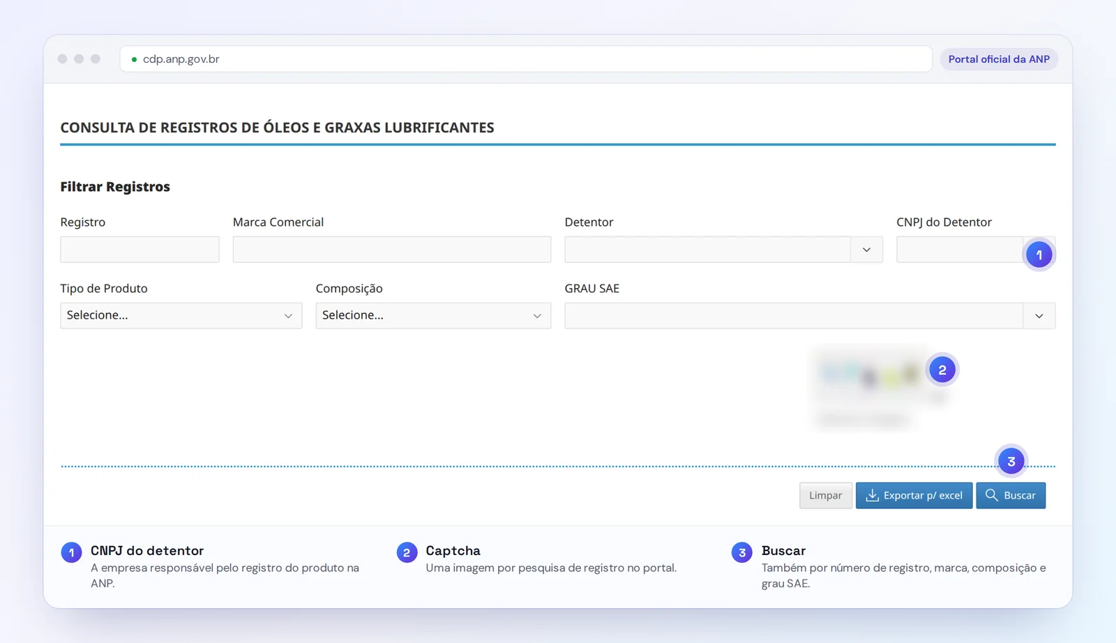 Tela da Consulta de Registros de Óleos e Graxas Lubrificantes da ANP: CNPJ do detentor, captcha borrado e botão Buscar
