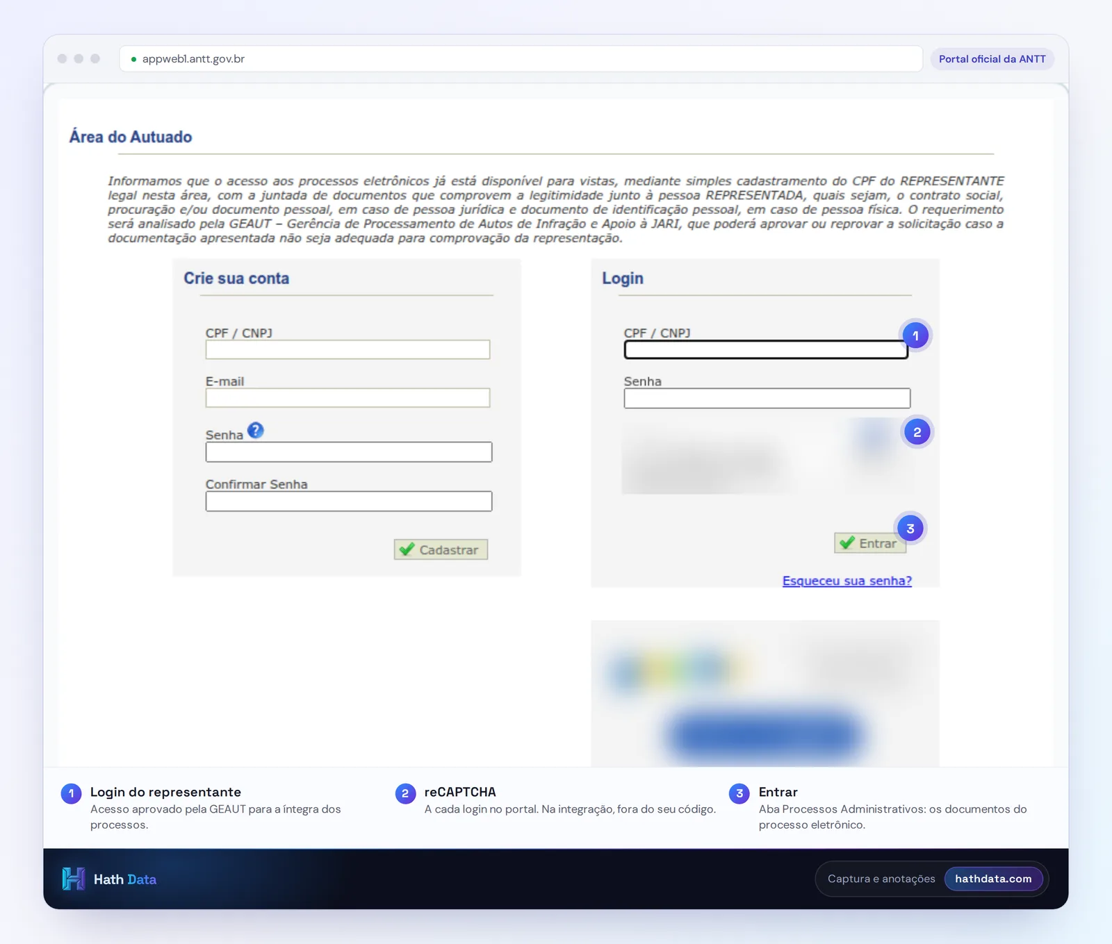 Tela de login da Área do Autuado do SIFAMA: login, reCAPTCHA borrado e botão Entrar