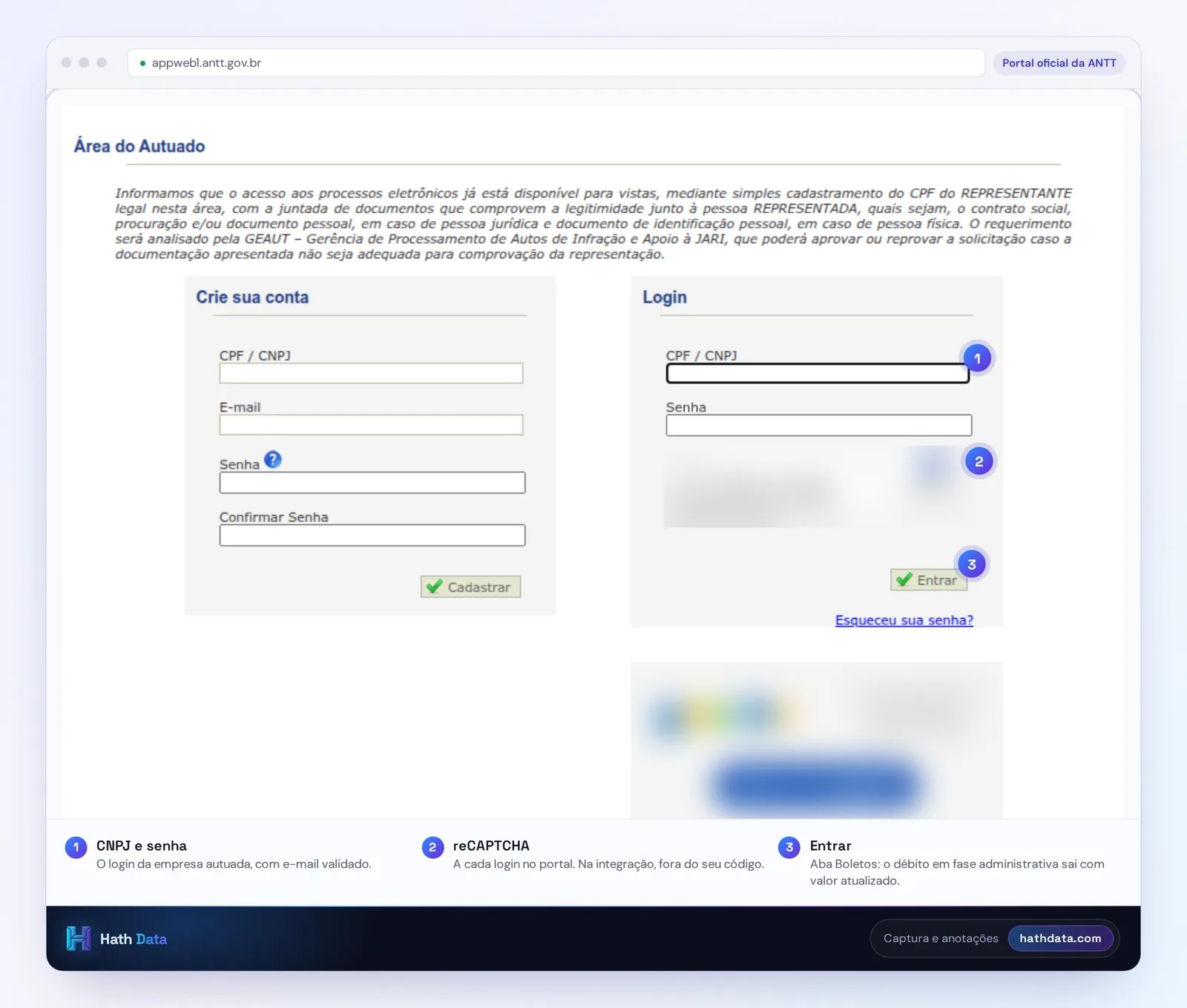 Tela de login da Área do Autuado do SIFAMA: campo de CNPJ, reCAPTCHA borrado e botão Entrar