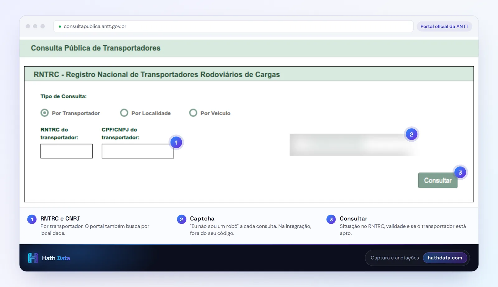 Tela da Consulta Pública de Transportadores da ANTT: campos de RNTRC e CNPJ, captcha borrado e botão Consultar