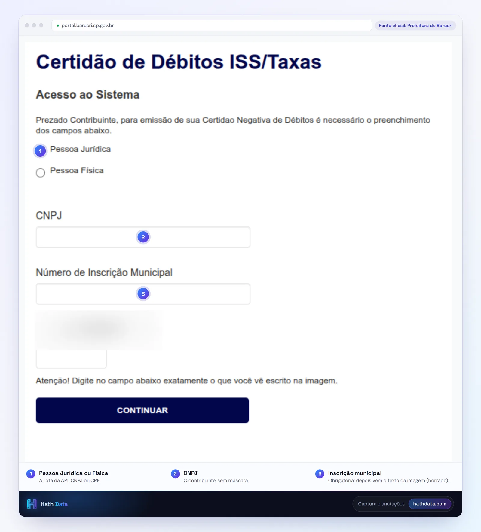 Tela da Certidão de Débitos ISS/Taxas de Barueri, com pessoa jurídica ou física, CNPJ e número de inscrição municipal