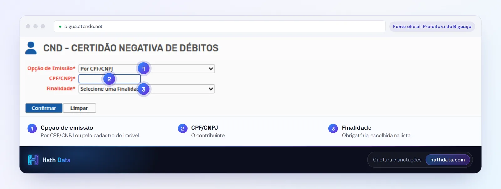 Formulário da CND do autoatendimento de Biguaçu, com opção de emissão, CPF/CNPJ e finalidade