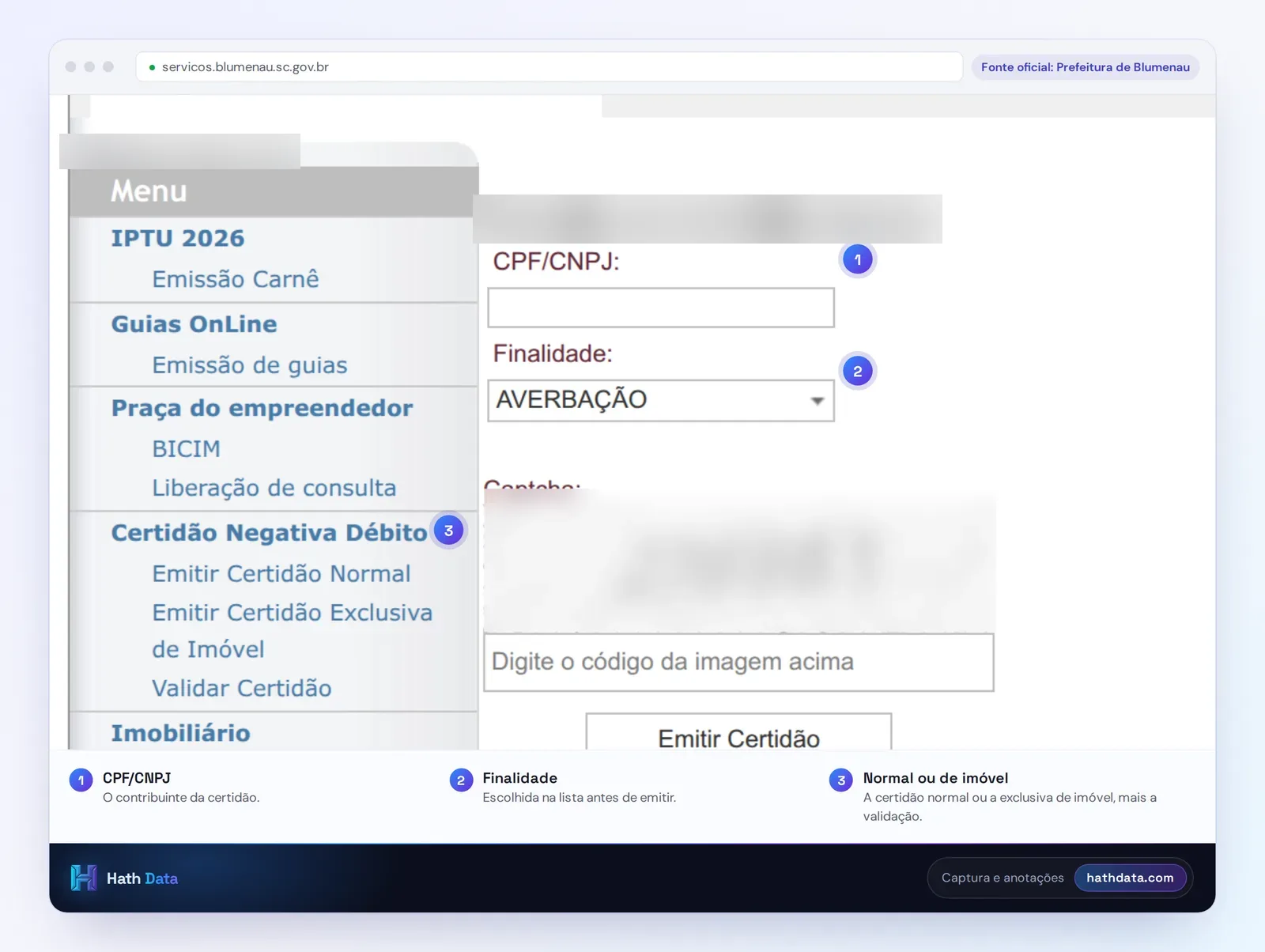 Emissão de Certidão Normal do Portal do Cidadão de Blumenau, com CPF/CNPJ, finalidade e o captcha borrado