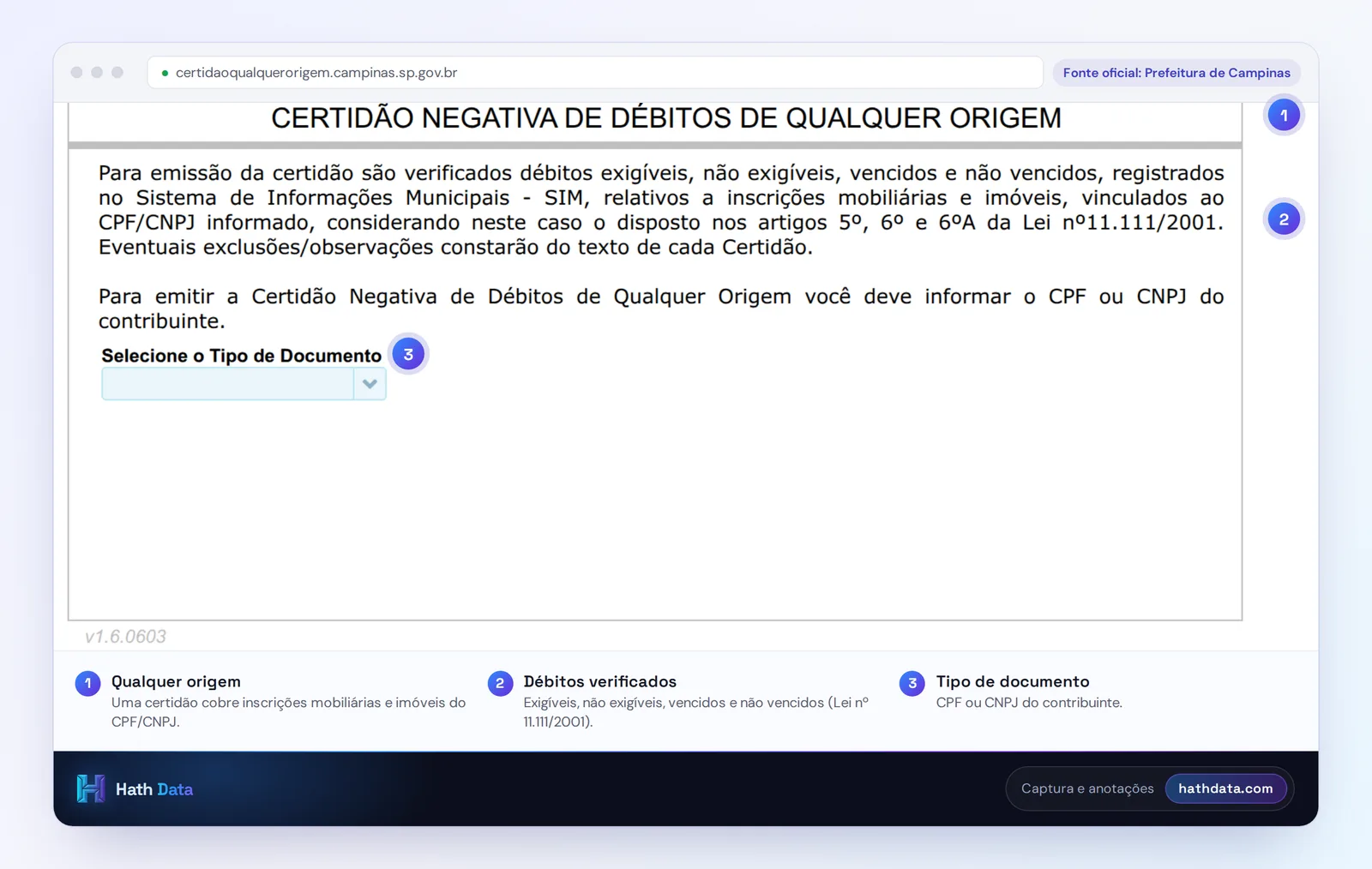 Página da Certidão Negativa de Débitos de Qualquer Origem de Campinas, com a escolha do tipo de documento