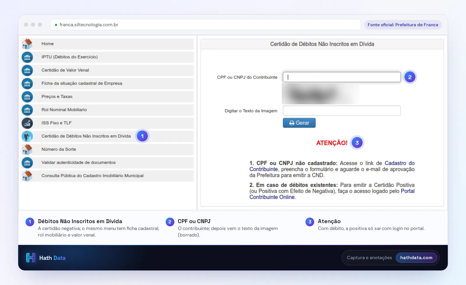 Serviços OnLine de Franca com o menu de serviços e o formulário da Certidão de Débitos Não Inscritos em Dívida, com CPF ou CNPJ e o captcha borrado