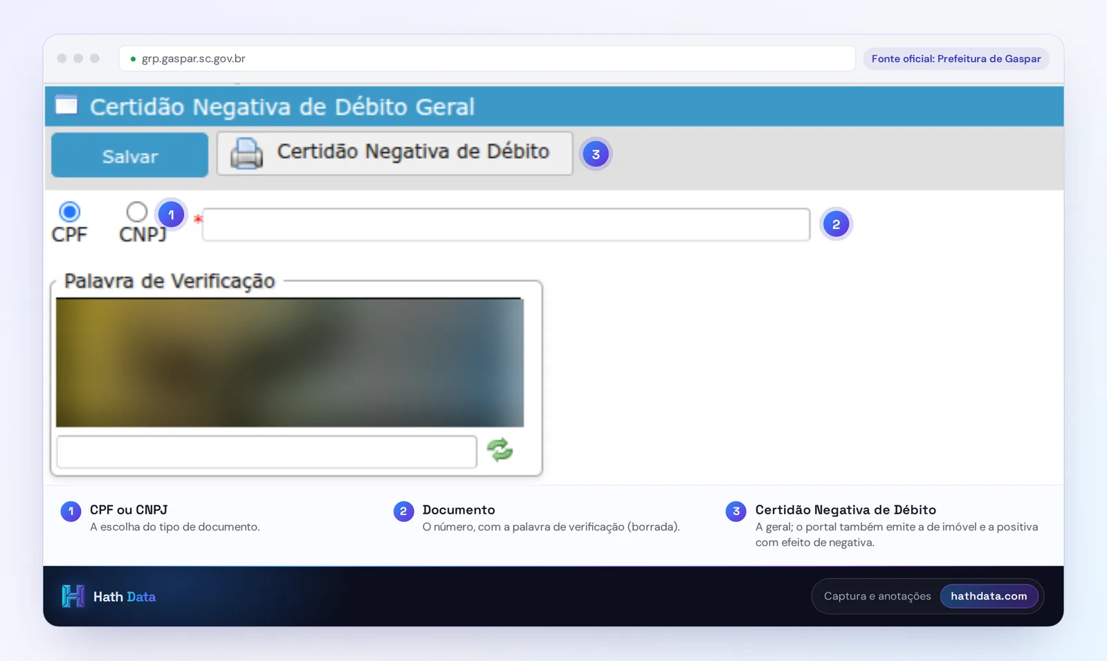 Tela da Certidão Negativa de Débito Geral de Gaspar, com CPF ou CNPJ e a palavra de verificação borrada