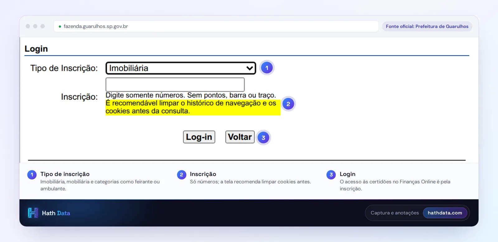Tela de acesso às certidões do Finanças Online de Guarulhos, com tipo e número da inscrição