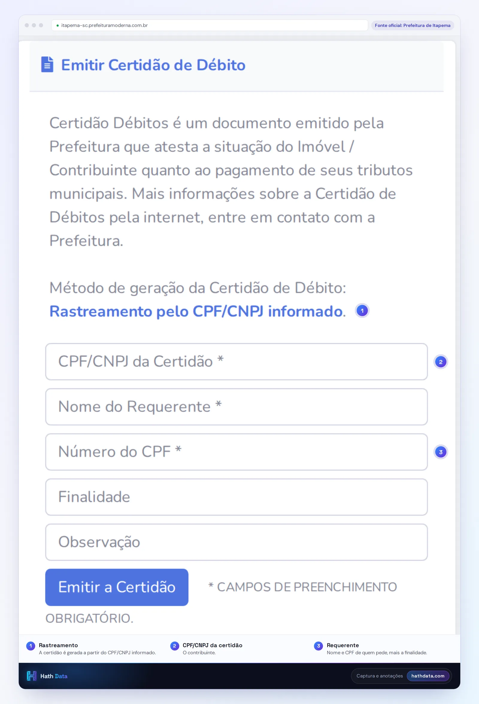 Tela Emitir Certidão de Débito de Itapema, com o método de rastreamento pelo CPF/CNPJ e os campos do requerente