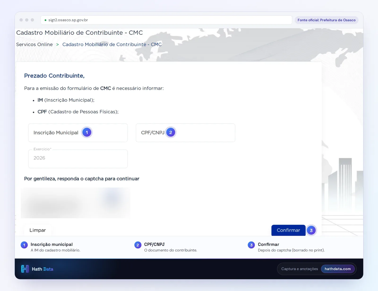 Tela do Cadastro Mobiliário de Contribuinte (CMC) dos Serviços Online de Osasco, com IM, CPF/CNPJ e exercício