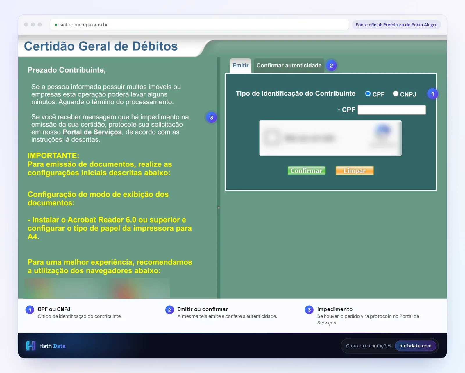 Tela da Certidão Geral de Débitos do SIAT de Porto Alegre, com as orientações e a identificação do contribuinte