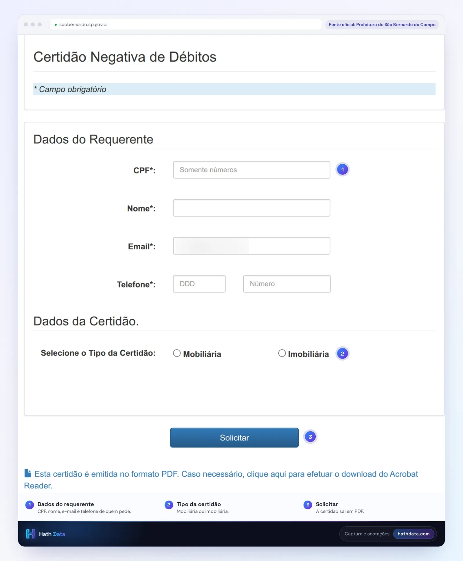 Formulário da Certidão Negativa de Débitos de São Bernardo do Campo, com dados do requerente e tipo da certidão