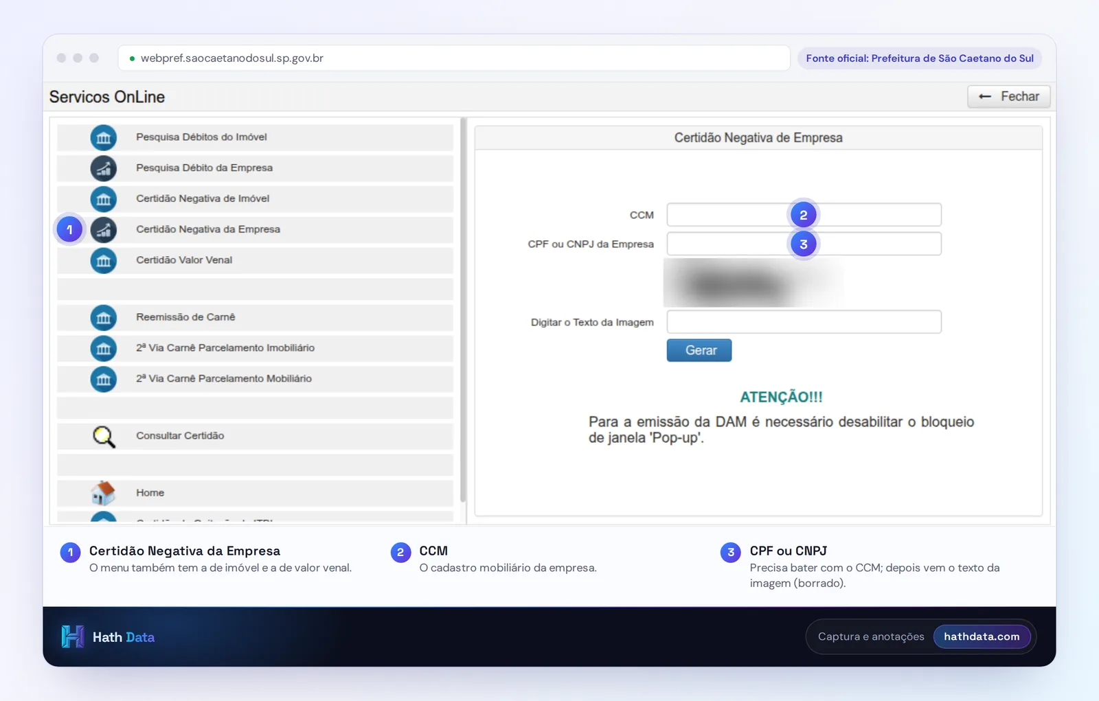 Serviços OnLine de São Caetano do Sul, com o menu de certidões e o formulário da Certidão Negativa de Empresa com CCM e CPF ou CNPJ