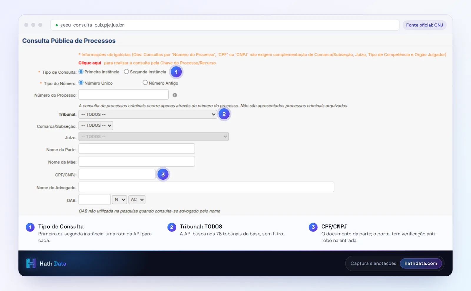Consulta Pública de Processos do SEEU, com tipo de consulta, tribunal, comarca, nome da parte e CPF/CNPJ