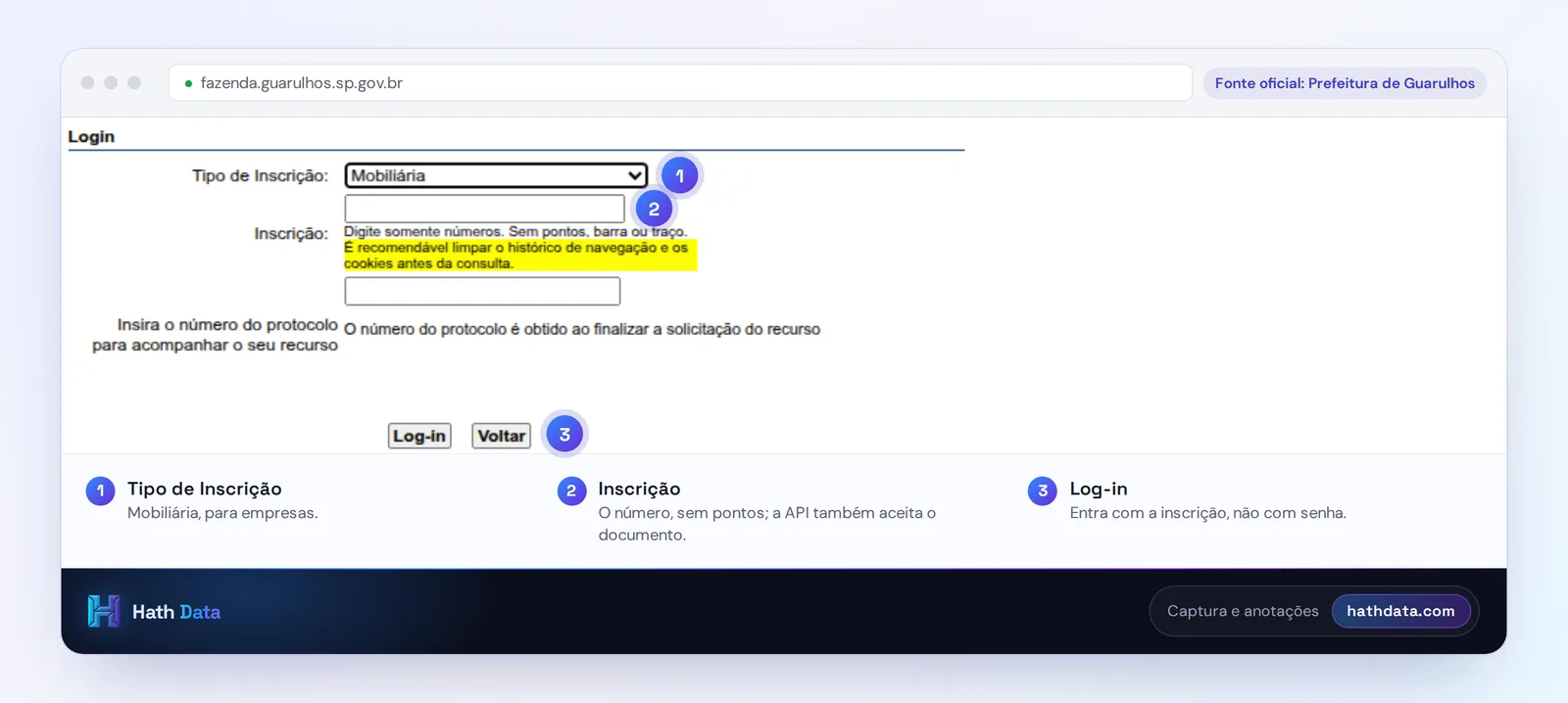 Tela de entrada do Finanças Online de Guarulhos com o tipo de inscrição Mobiliária e o campo da inscrição