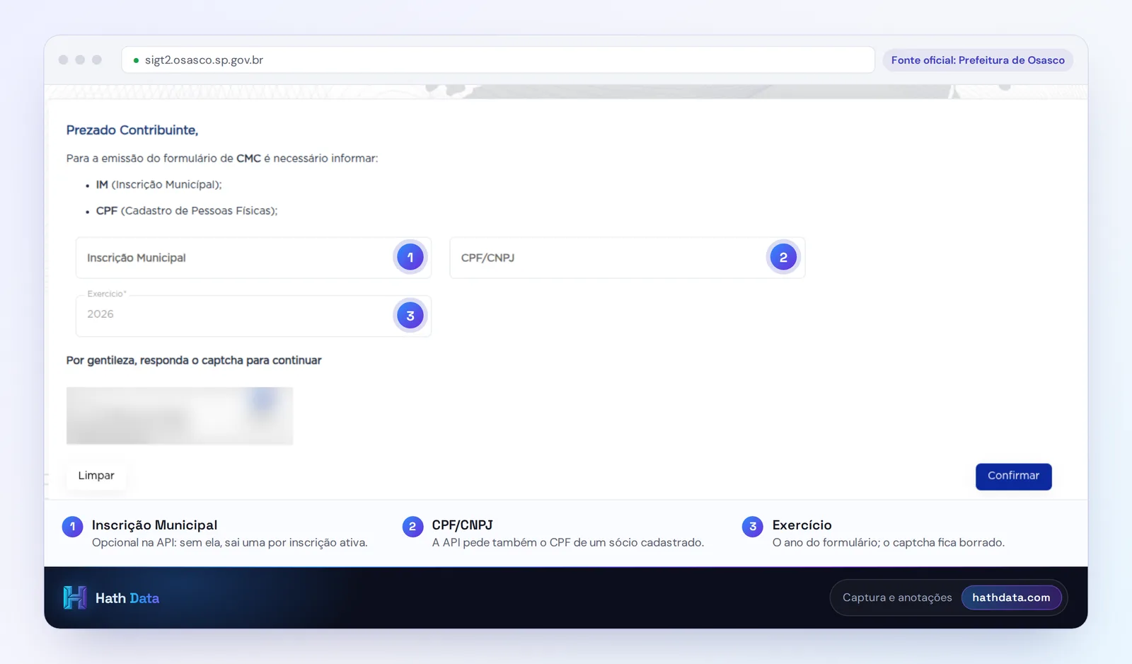 Tela do Cadastro Mobiliário de Contribuinte de Osasco com inscrição municipal, CPF/CNPJ, exercício e o captcha borrado