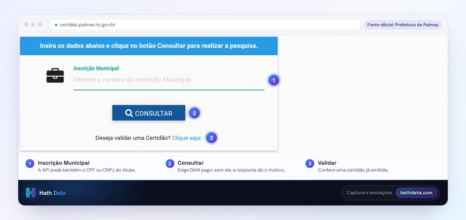 Tela da Certidão de Situação Fiscal de Palmas, com o campo inscrição municipal e o link para validar uma certidão