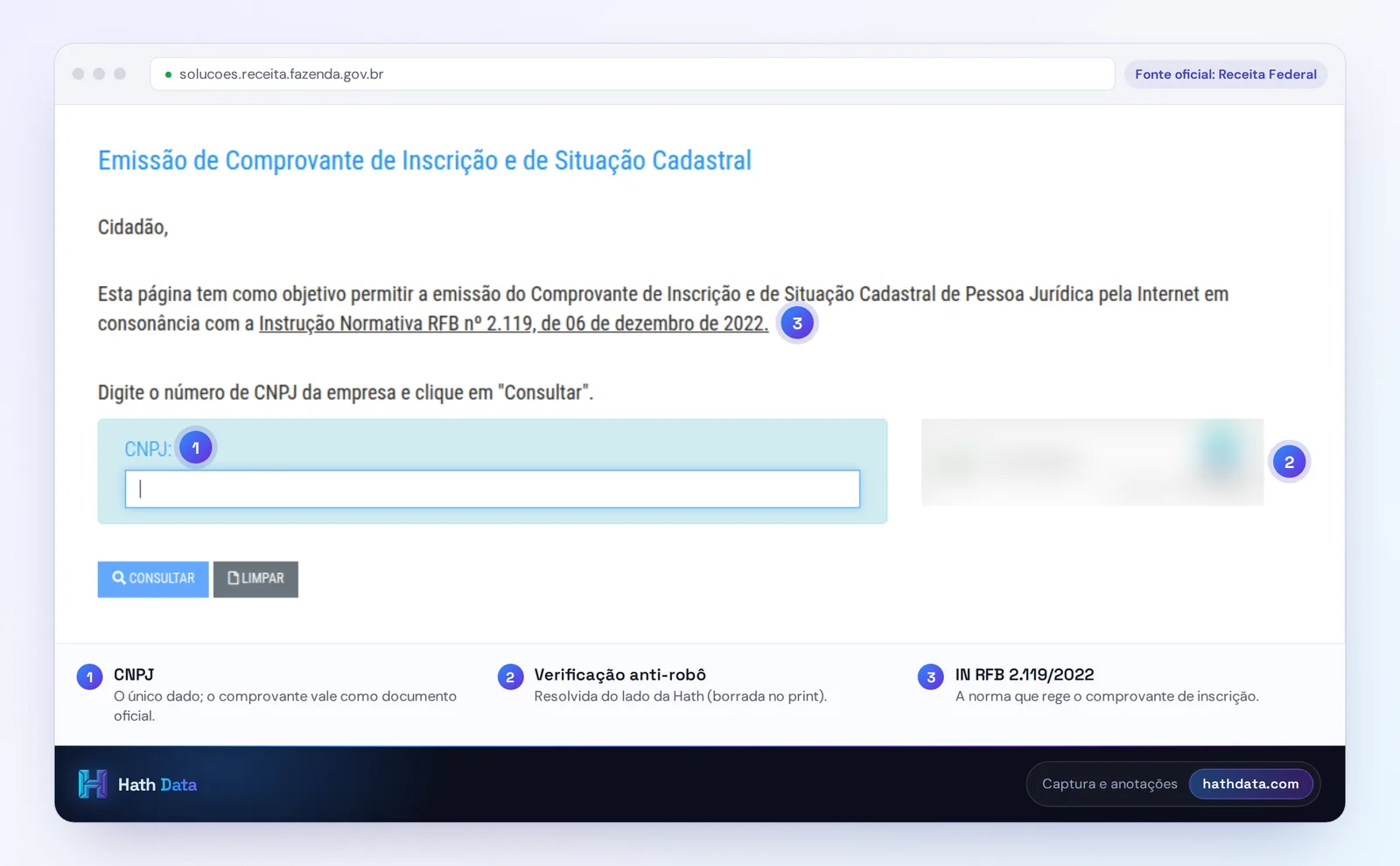 Tela de emissão do Comprovante de Inscrição e de Situação Cadastral da Receita Federal, com o campo CNPJ e a verificação anti-robô borrada