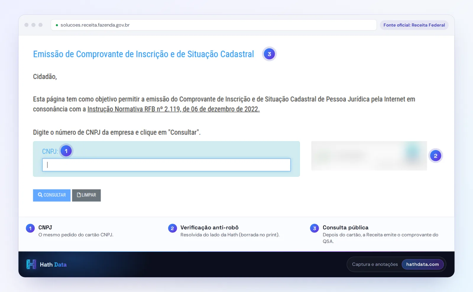 Tela da consulta pública de CNPJ da Receita Federal, de onde sai o comprovante do Quadro de Sócios e Administradores, com a verificação anti-robô borrada