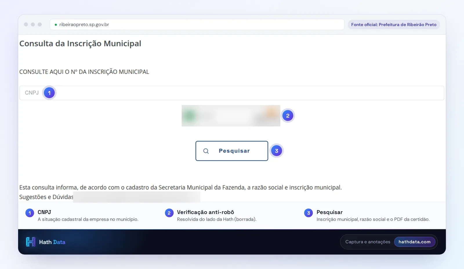 Consulta da Inscrição Municipal da Prefeitura de Ribeirão Preto, com o campo CNPJ e a verificação anti-robô borrada