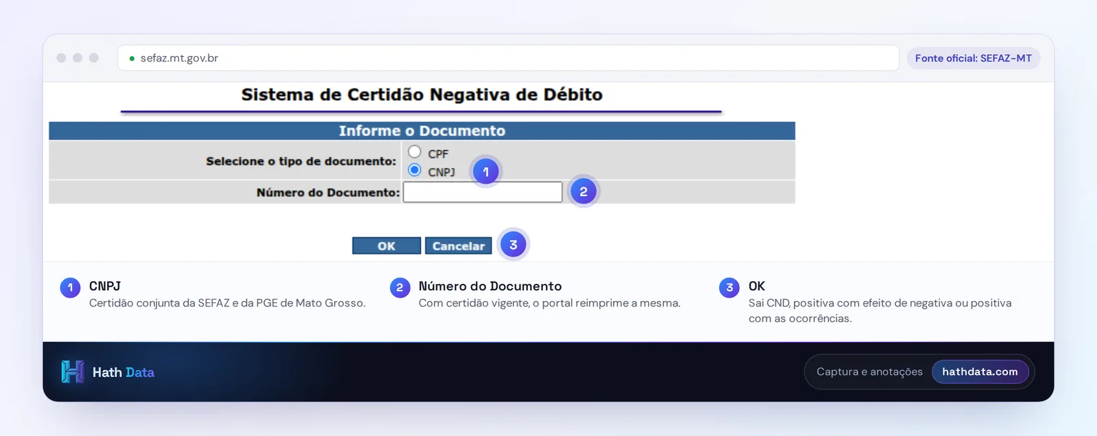 Sistema de Certidão Negativa de Débito de Mato Grosso, com o tipo de documento CNPJ e o número do documento