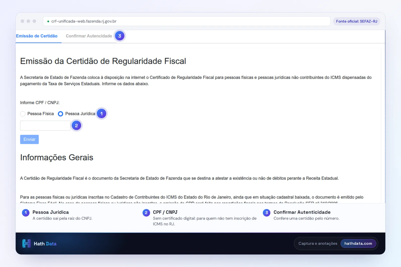 Tela de emissão da Certidão de Regularidade Fiscal do Rio de Janeiro, com pessoa física ou jurídica, o campo CPF/CNPJ e a aba Confirmar Autenticidade