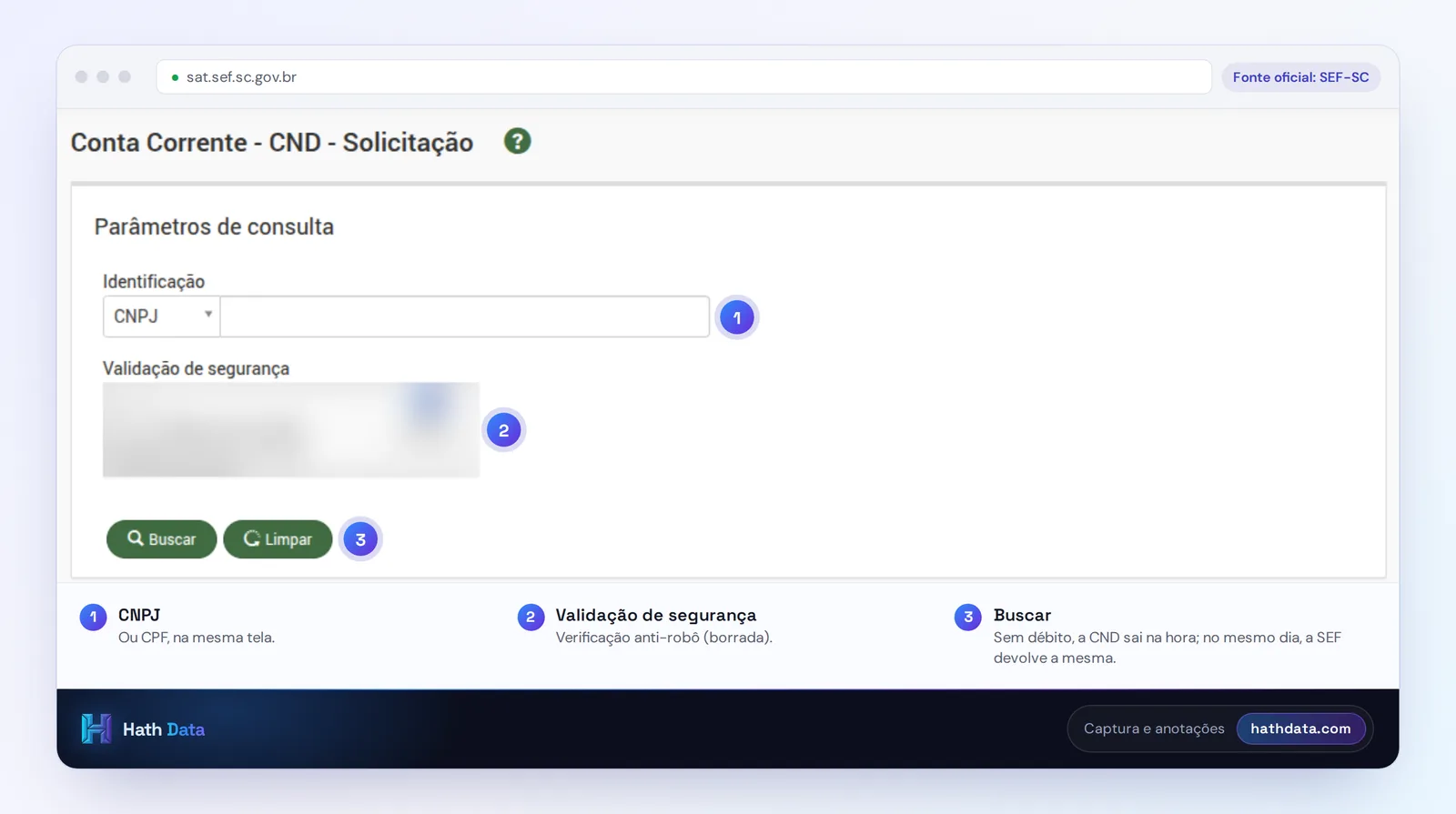 Tela de solicitação de CND do SAT de Santa Catarina, com identificação por CNPJ e a validação de segurança borrada