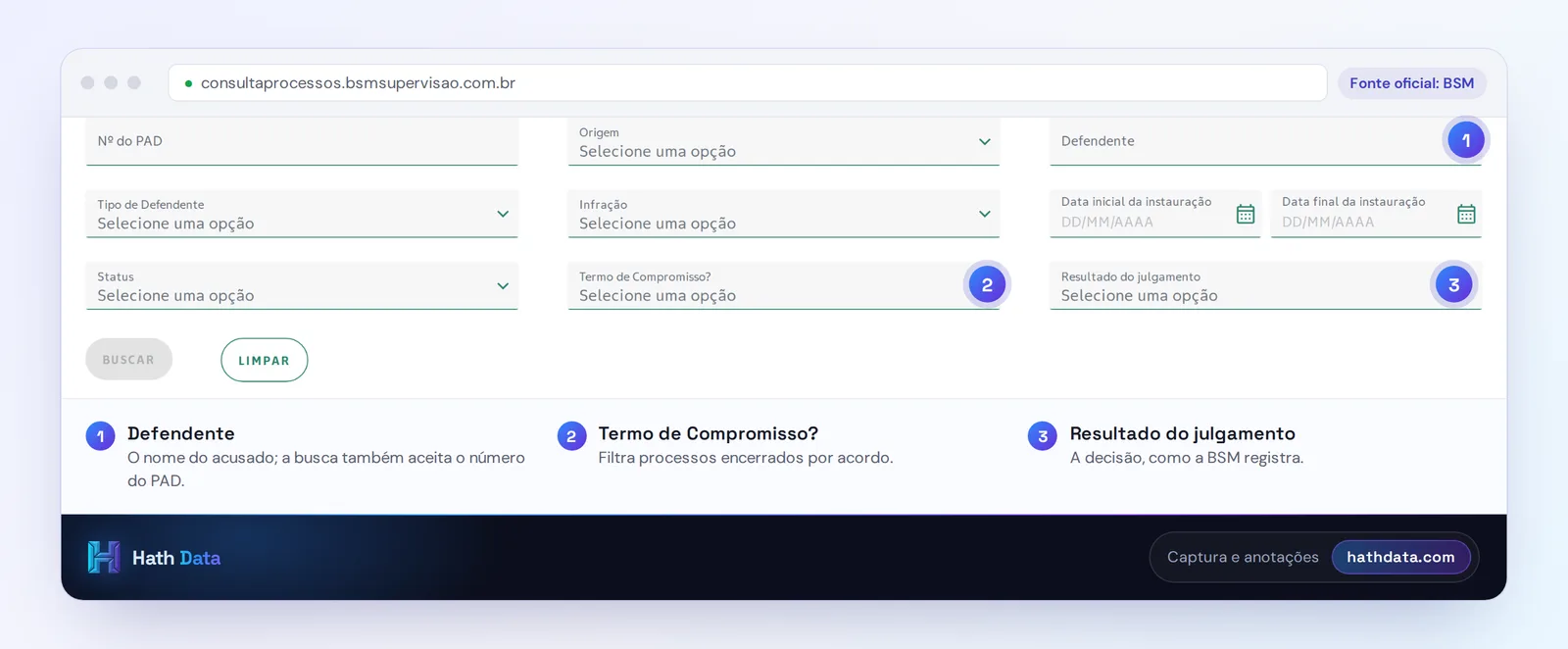 Filtros da consulta de processos administrativos disciplinares da BSM