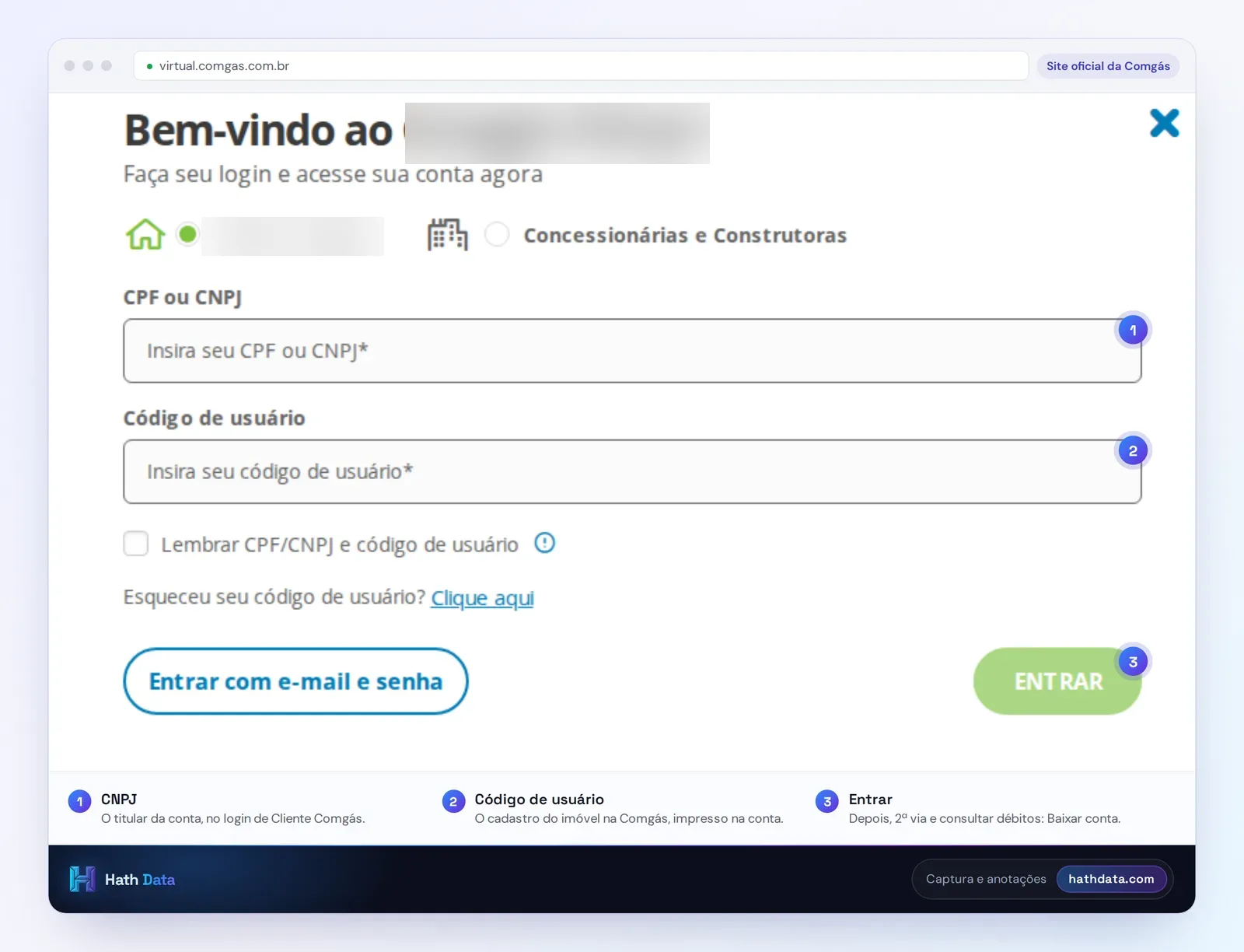 Tela de login do Comgás Virtual: campos de CNPJ e código de usuário e botão Entrar