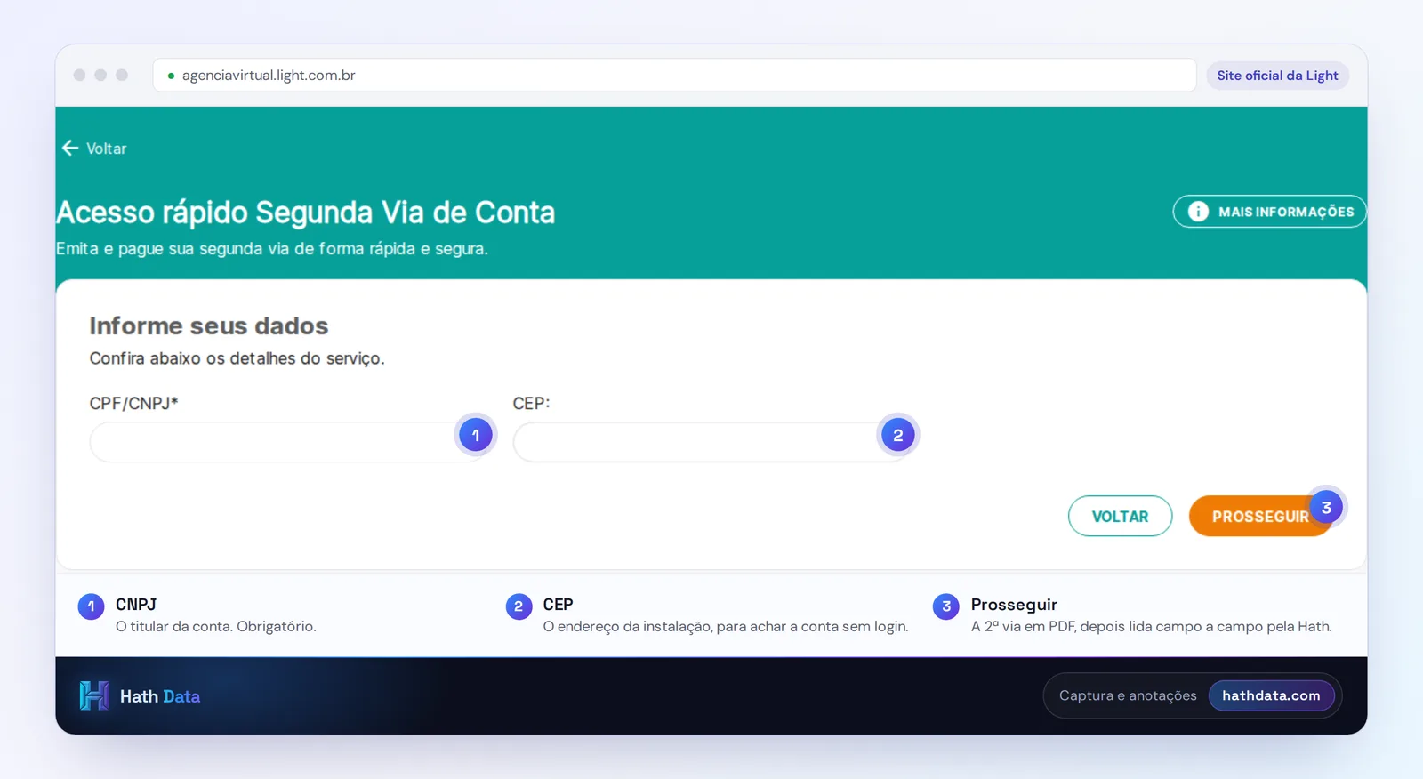 Agência Virtual da Light, formulário de acesso rápido: titular, endereço da unidade e Prosseguir