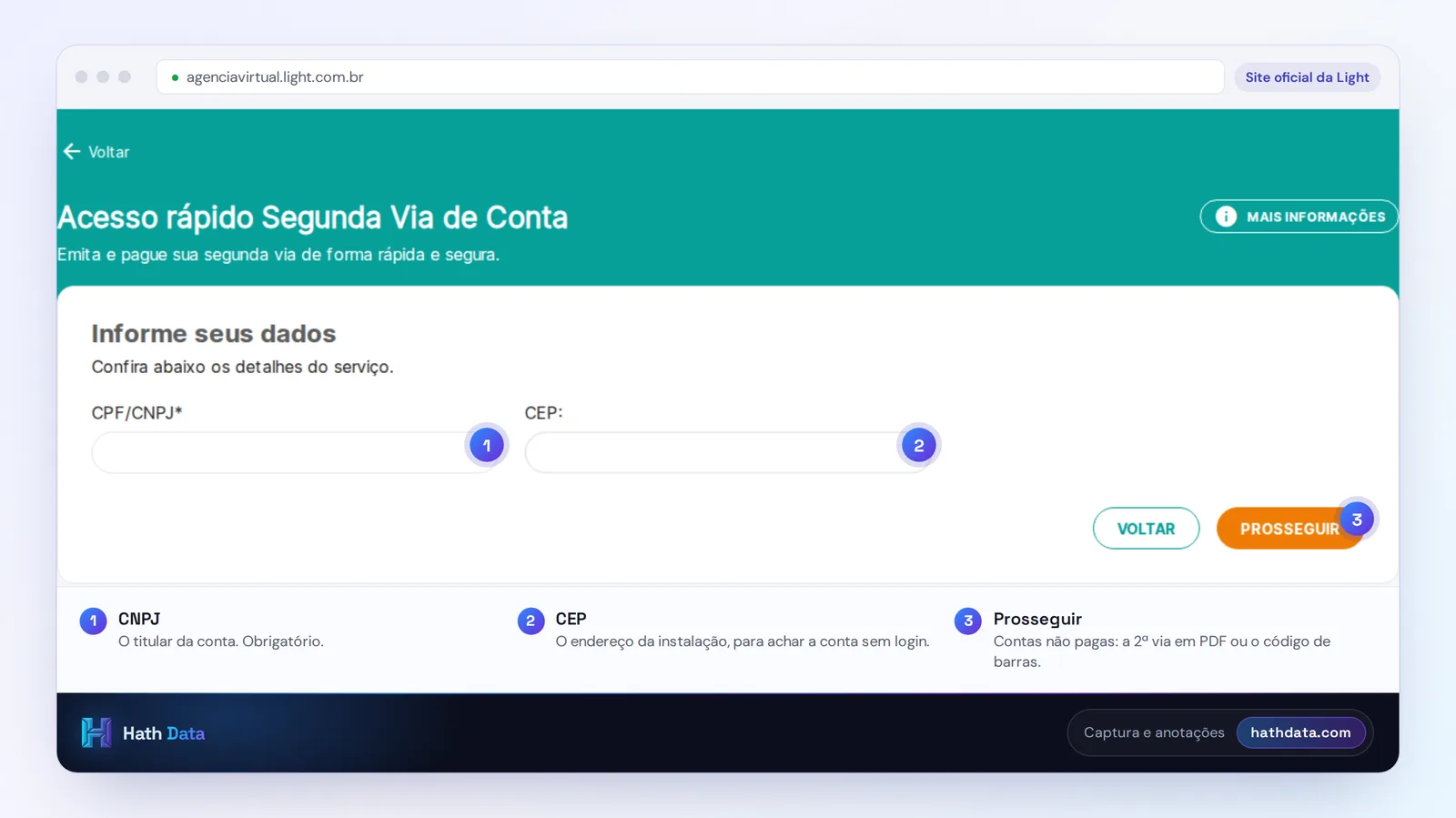Tela do Acesso rápido Segunda Via de Conta da Light: campos de CNPJ e CEP e botão Prosseguir