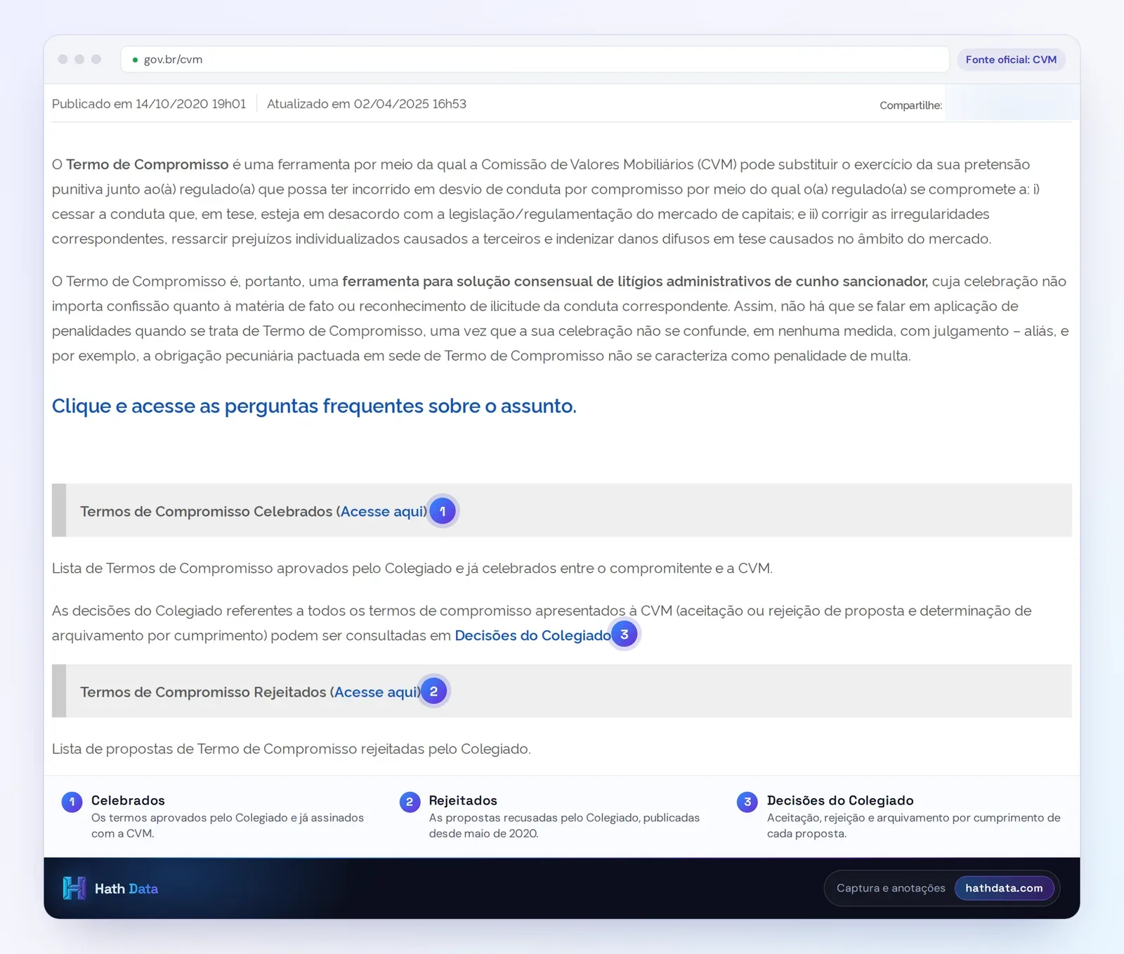 Página de Termos de Compromisso da CVM, com as listas de celebrados e rejeitados