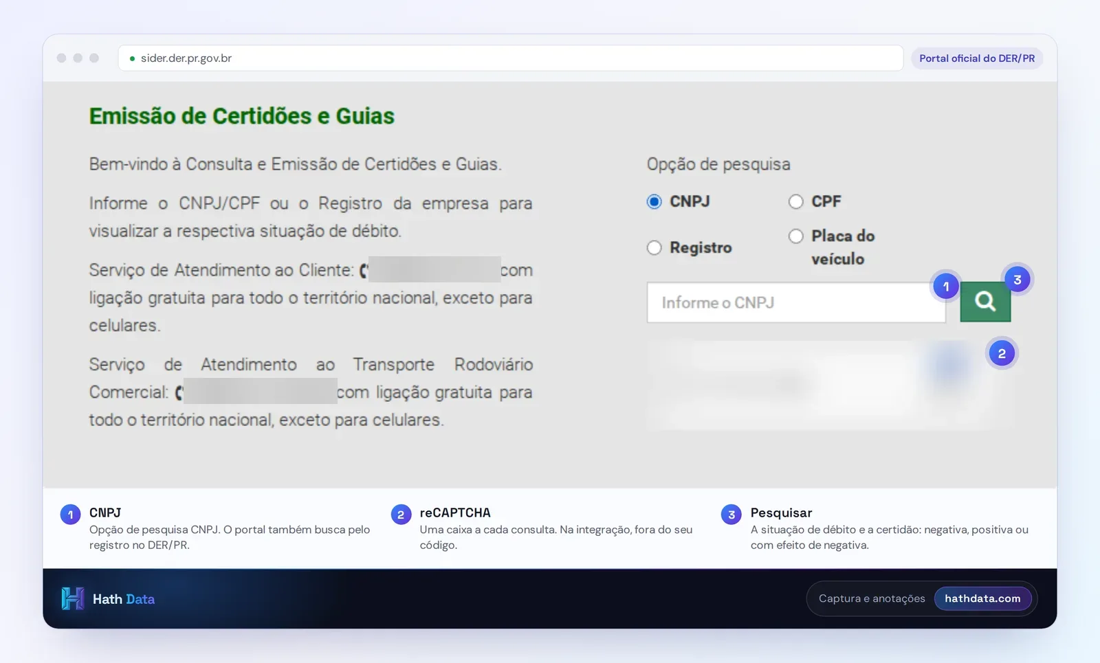 Tela do Portal CND do DER/PR: opção de pesquisa por CNPJ, reCAPTCHA borrado e botão de busca