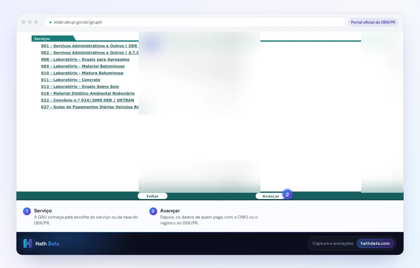 Tela de serviços da GRU on-line do DER/PR, com a lista de serviços e o botão Avançar