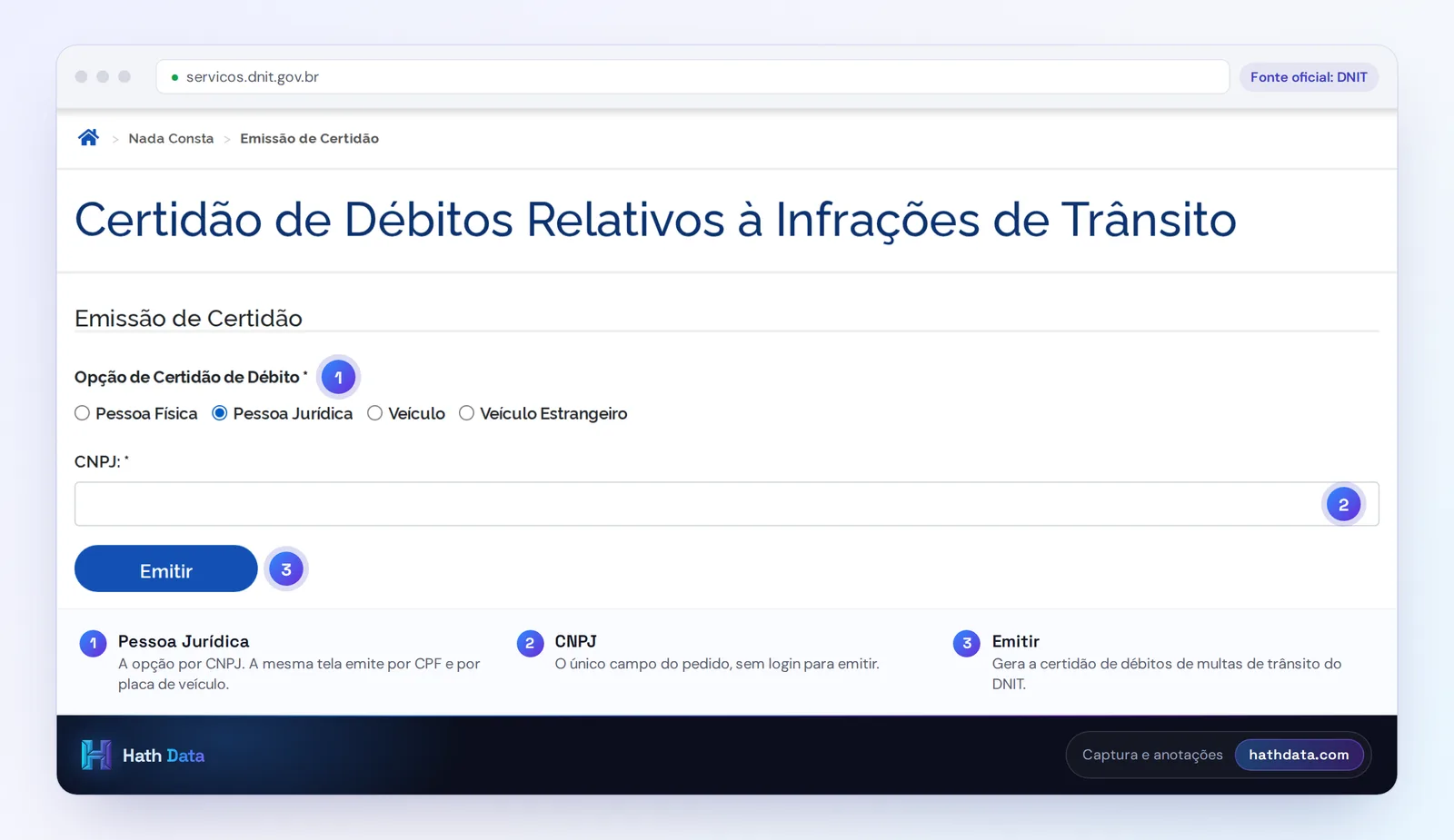 Tela de emissão da Certidão de Débitos Relativos a Infrações de Trânsito no Portal de Multas do DNIT, com a opção Pessoa Jurídica marcada