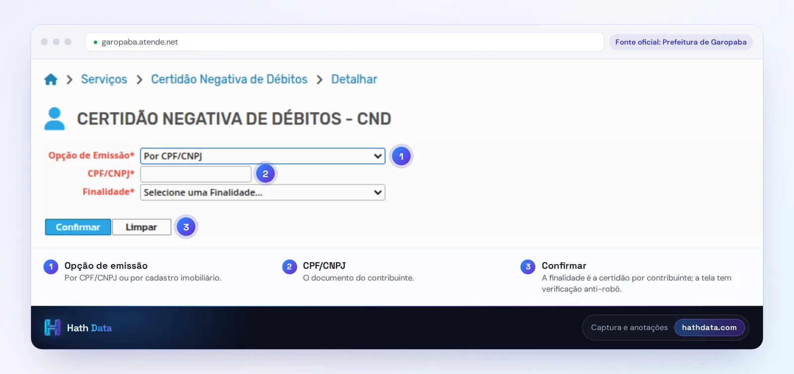 Tela de emissão da certidão negativa de débitos de Garopaba, com a opção Por CPF/CNPJ
