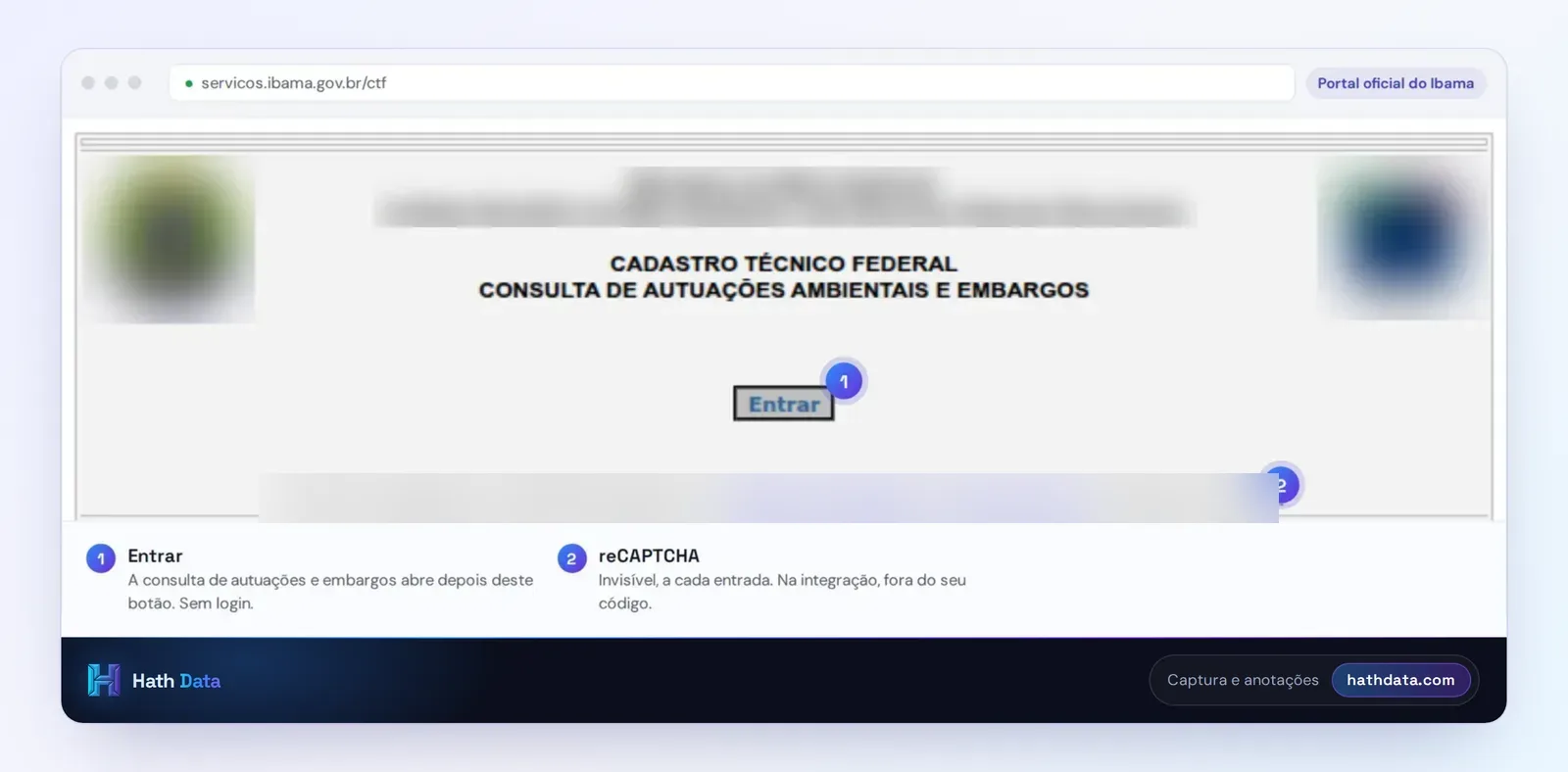 Tela de entrada da consulta de autuações ambientais e embargos do Ibama, com o botão Entrar e brasões borrados