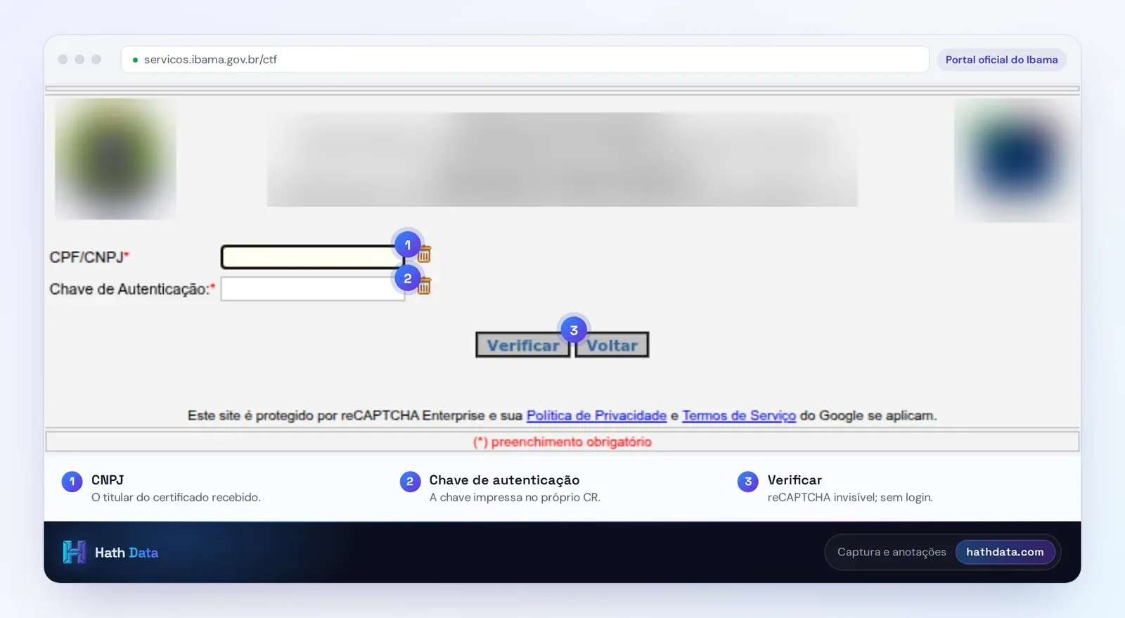 Tela de verificação de autenticidade do Certificado de Regularidade do Ibama: campos de documento e chave, botão Verificar