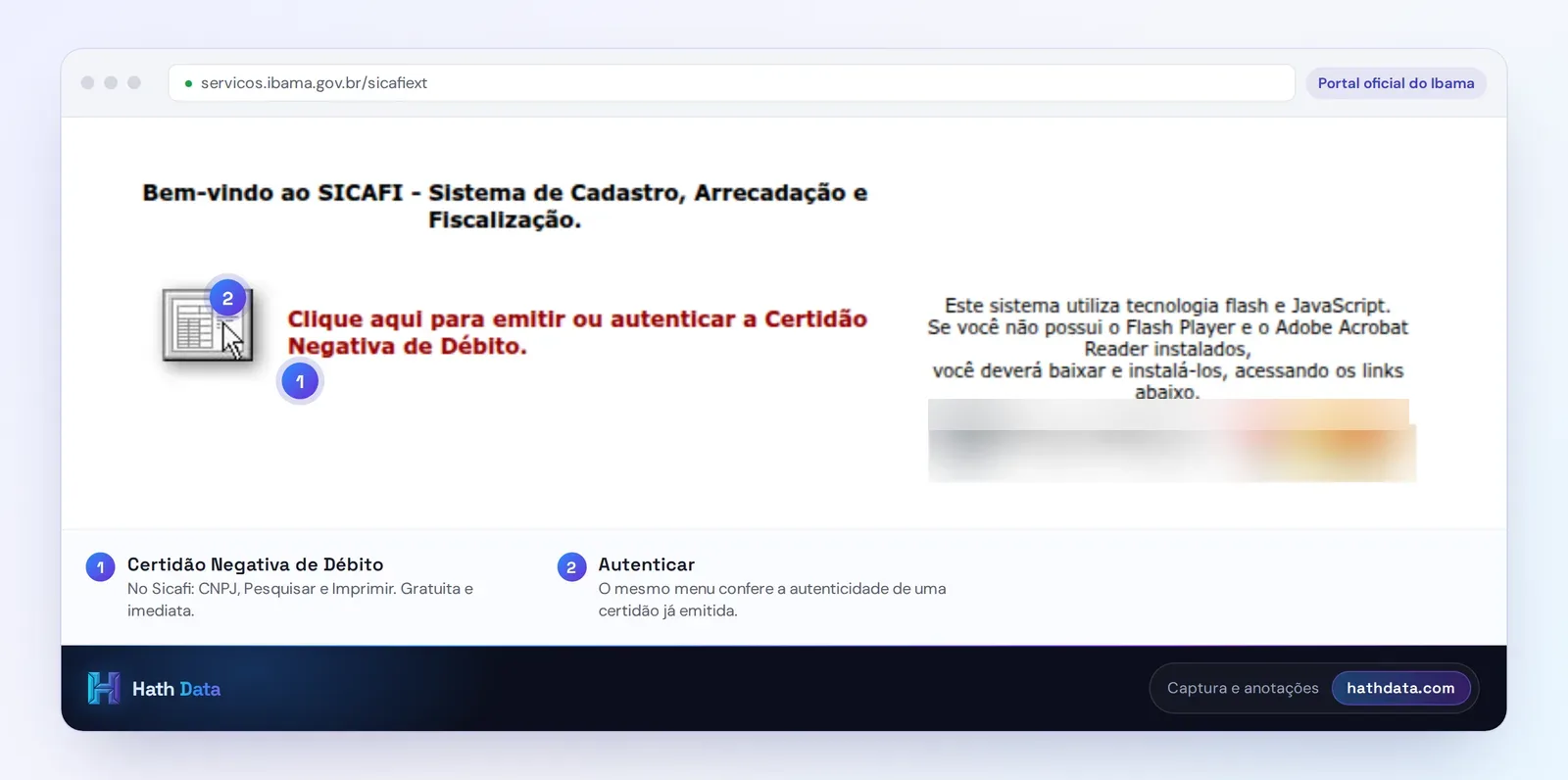 Tela inicial do Sicafi do Ibama, com o acesso à Certidão Negativa de Débito
