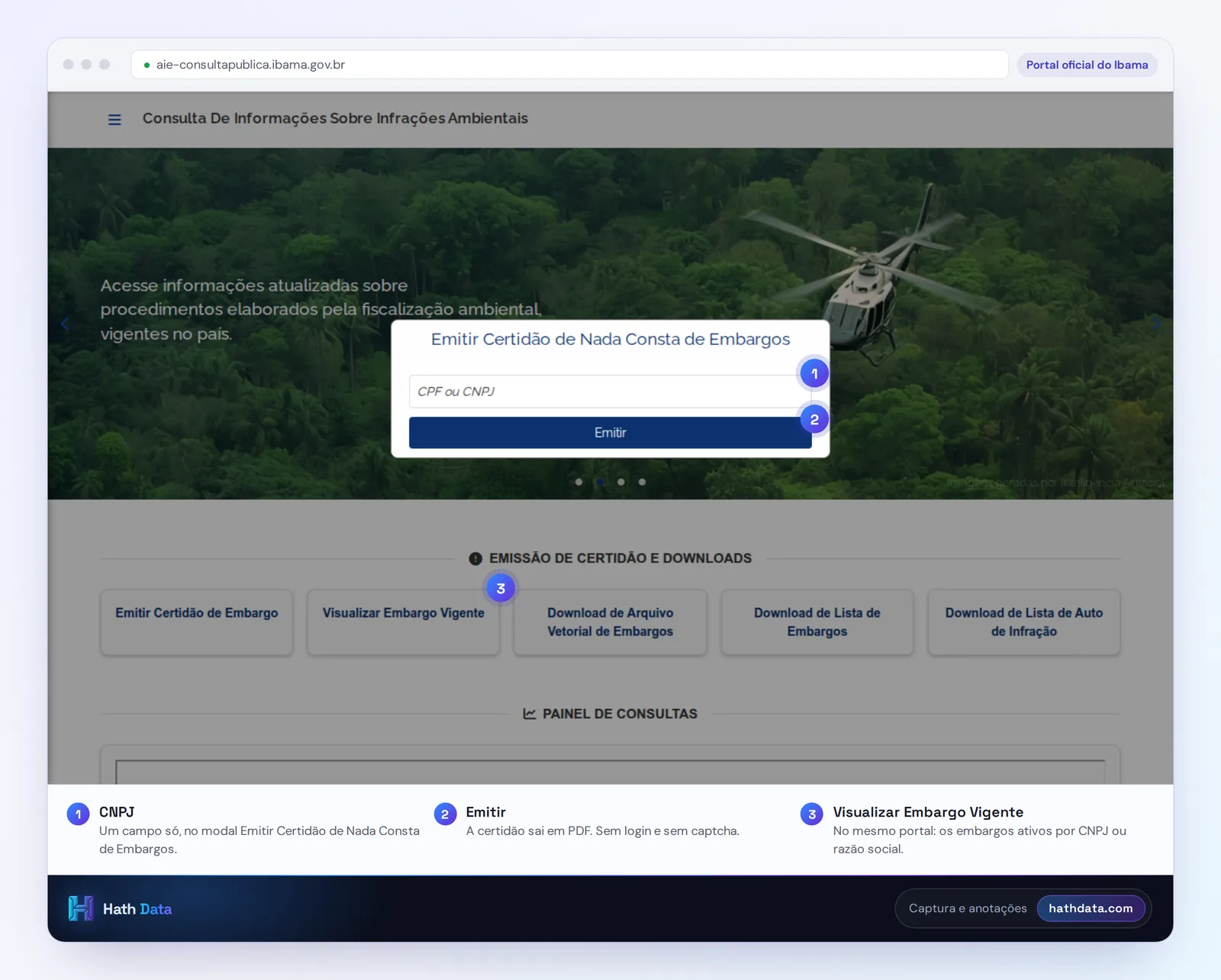 Portal de infrações ambientais do Ibama com o modal Emitir Certidão de Nada Consta de Embargos aberto