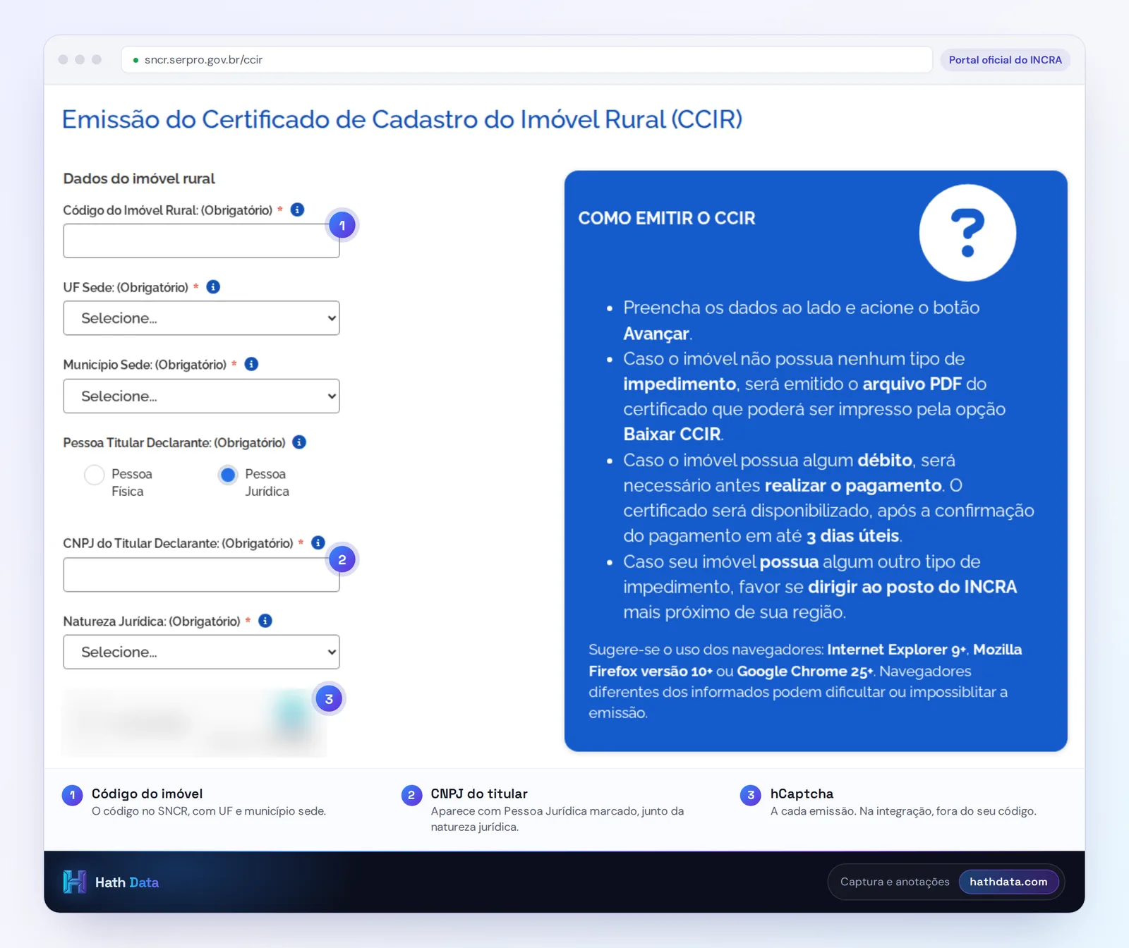 Tela de emissão do CCIR no SNCR com Pessoa Jurídica marcado: código do imóvel, CNPJ do titular e hCaptcha borrado