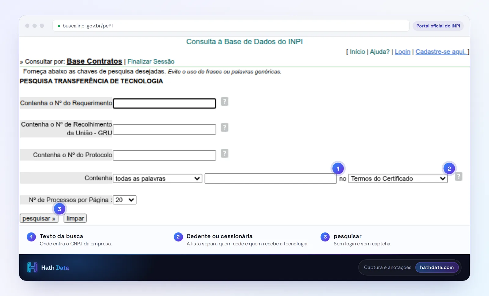 Pesquisa de transferência de tecnologia do INPI: campo de busca, lista com cedente e cessionária e botão pesquisar