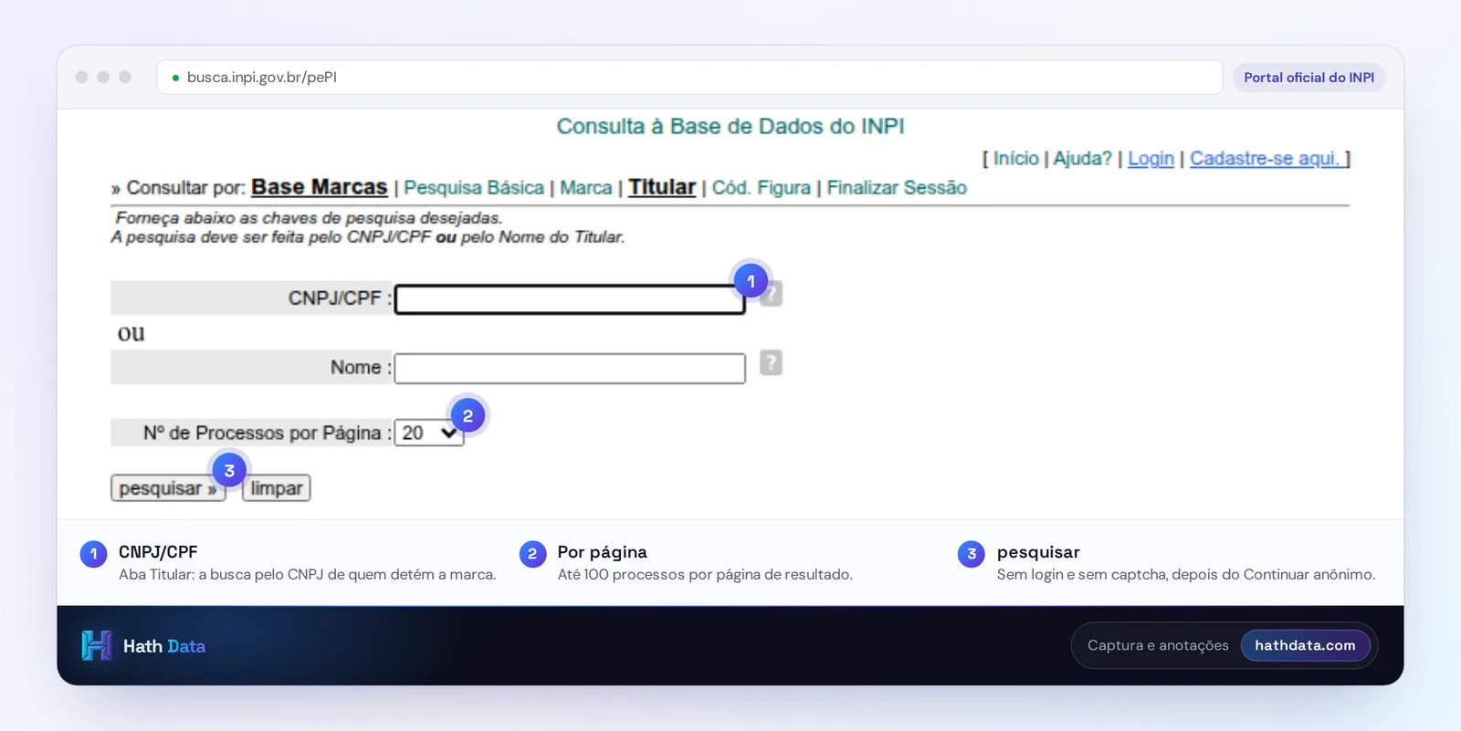Tela de pesquisa de marcas por titular do INPI: campo do CNPJ, número de processos por página e botão pesquisar