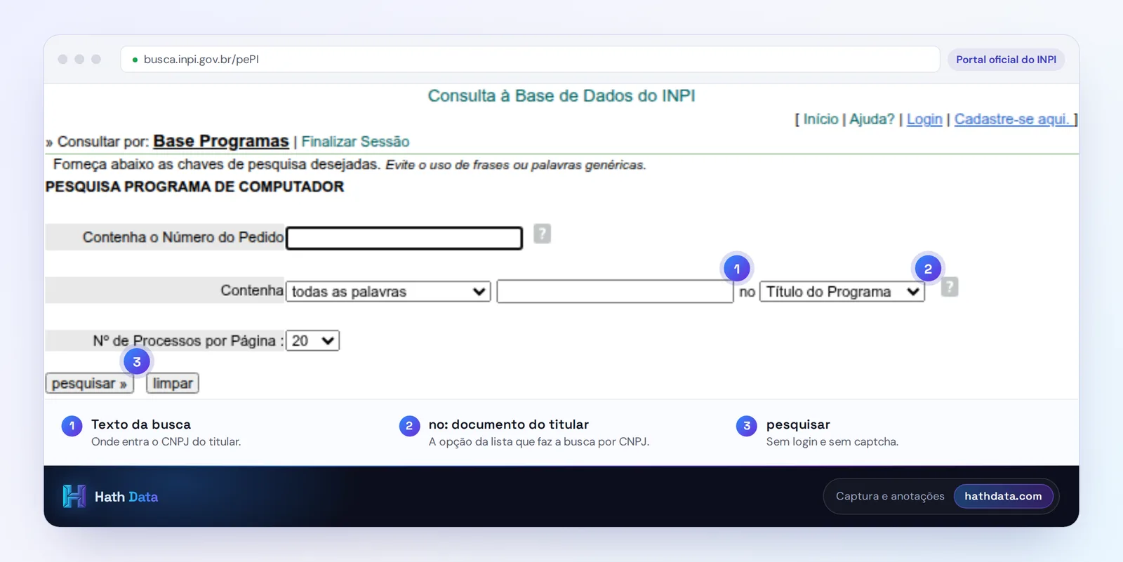 Pesquisa de programa de computador do INPI: campo de busca, opção de documento do titular e botão pesquisar