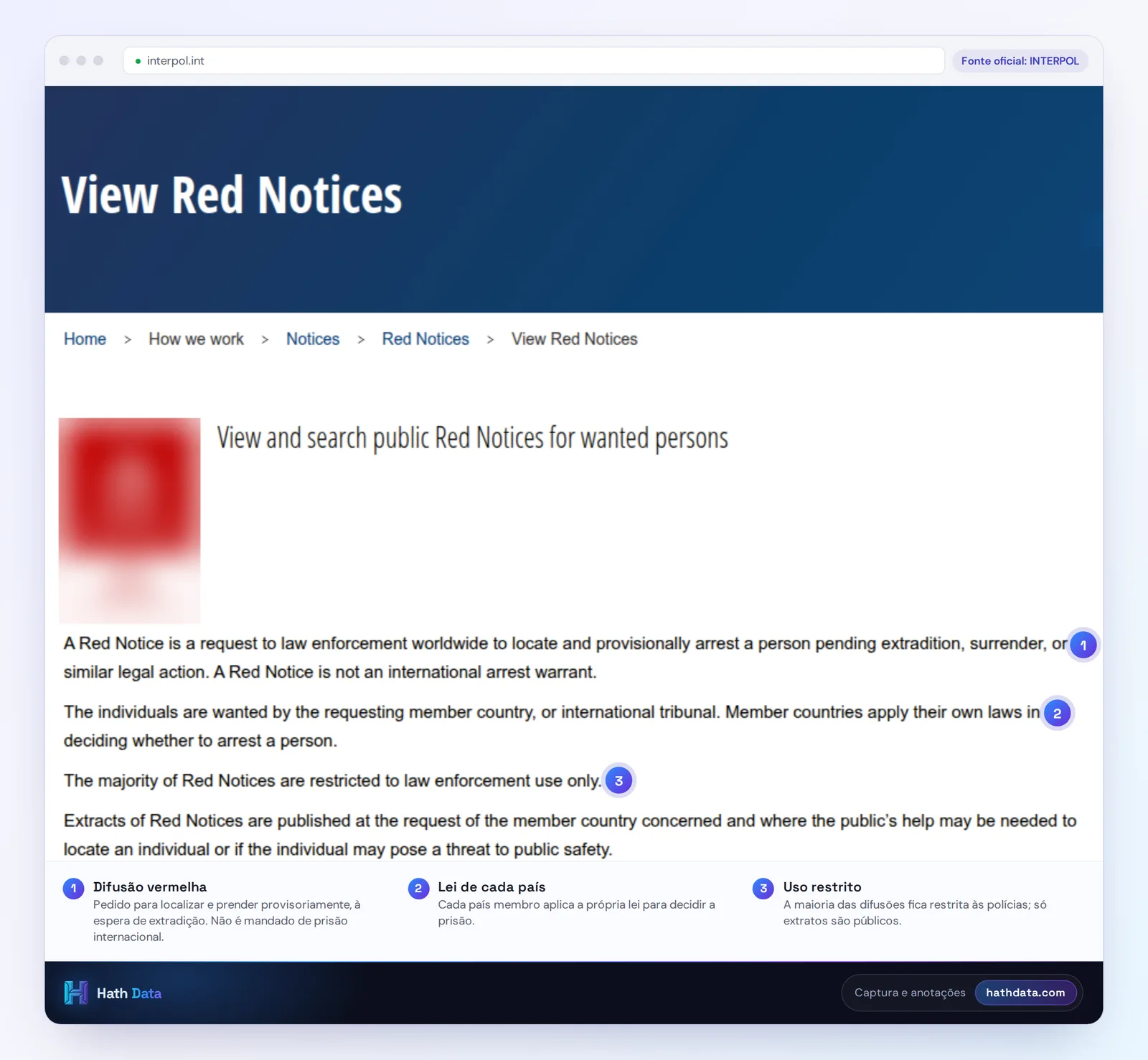 Página View Red Notices da Interpol, com a definição de difusão vermelha
