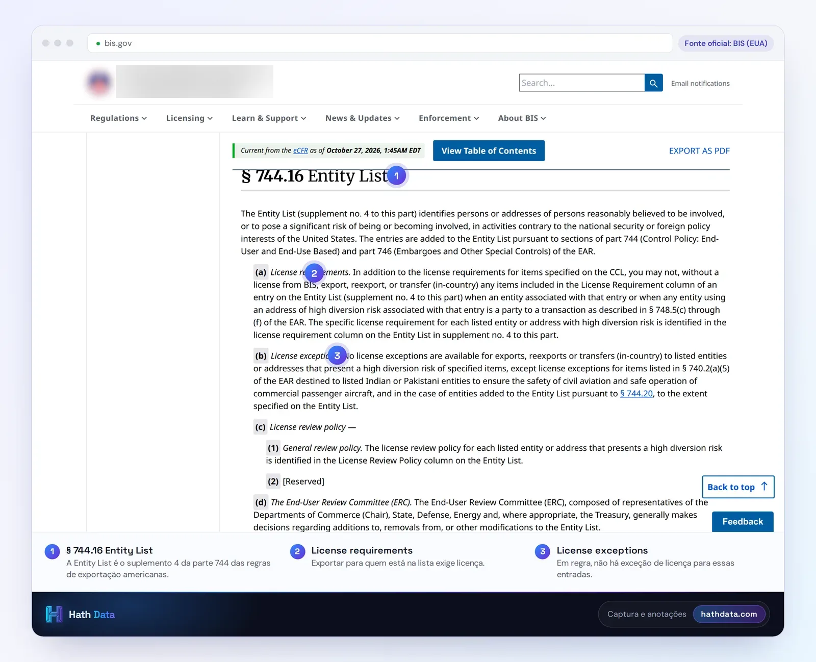Seção da Entity List nas regras de exportação americanas