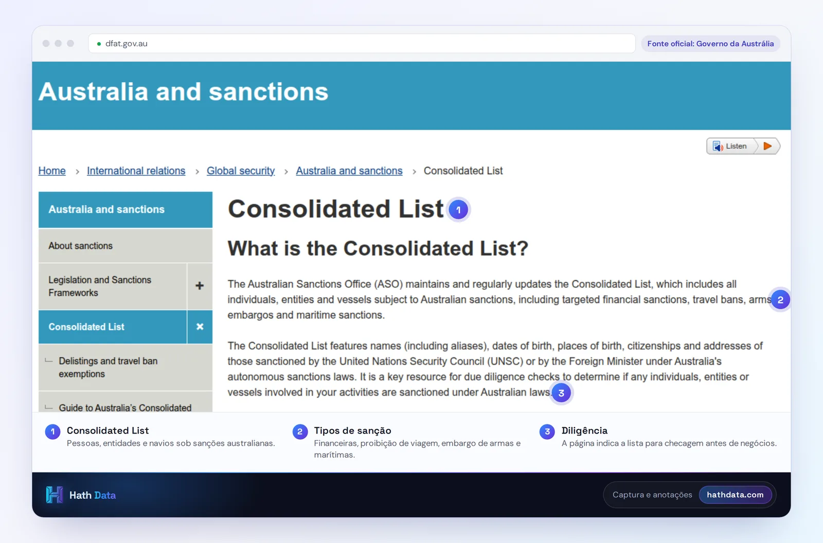 Página da Consolidated List do governo da Austrália