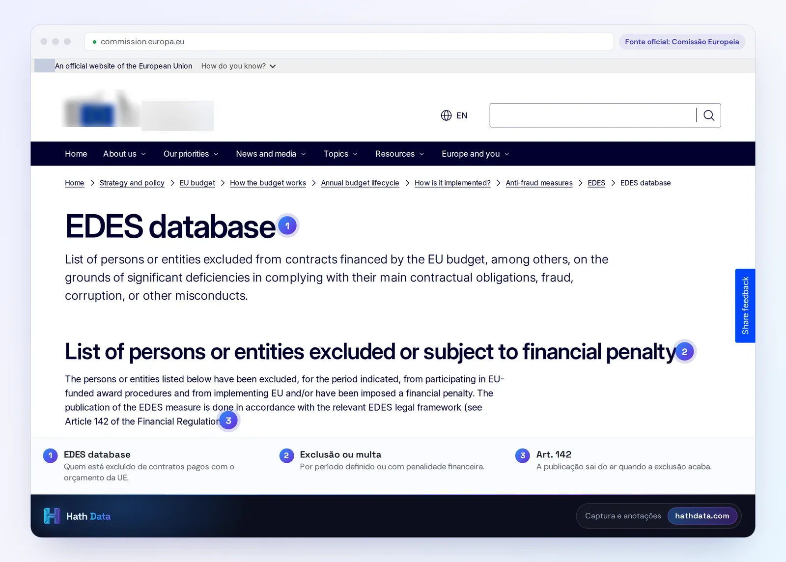 Página da base EDES da Comissão Europeia