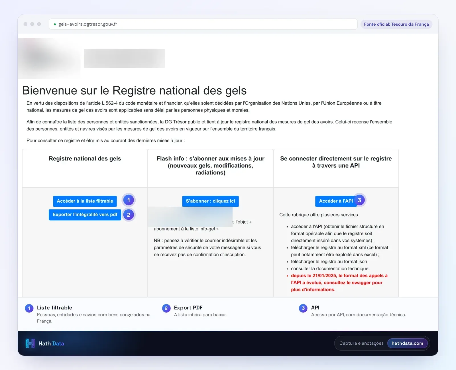 Página do Registro Nacional de Congelamento de Bens do Tesouro francês