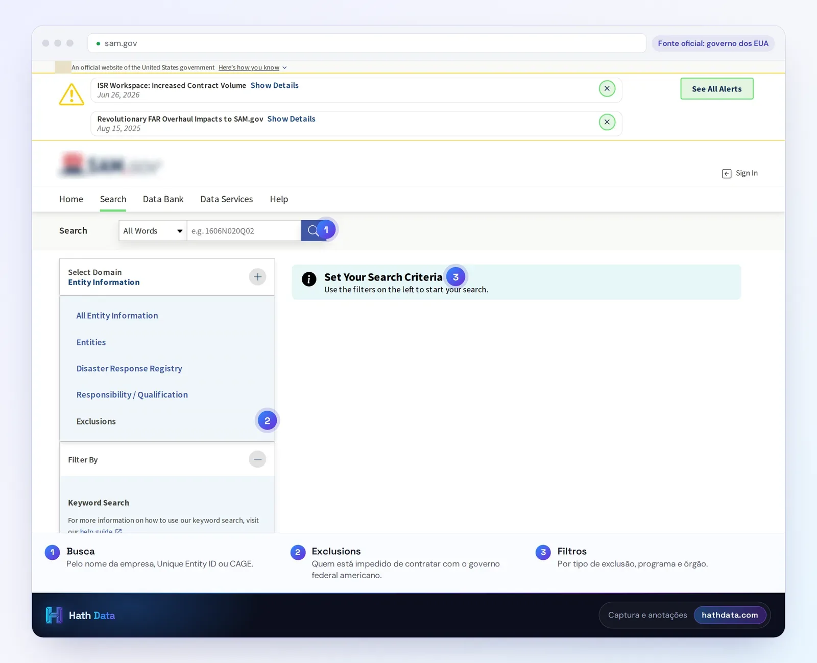 Busca de exclusões no SAM.gov, com os filtros de domínio